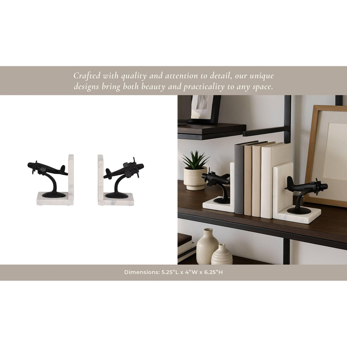 Bookends Set of 2 - Black/White Airplane on Marble, 6 in.