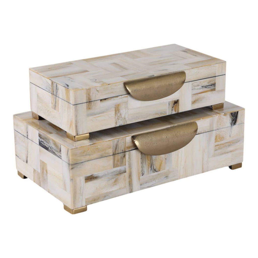 Decorative Boxes Set of 2-Tan Resin Marbled Footed, 12/14 in