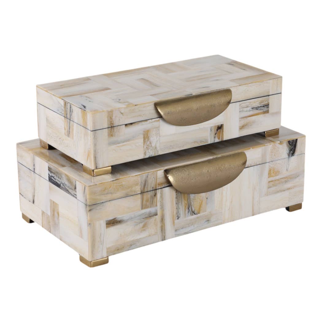 Decorative Boxes Set of 2-Tan Resin Marbled Footed, 12/14 in