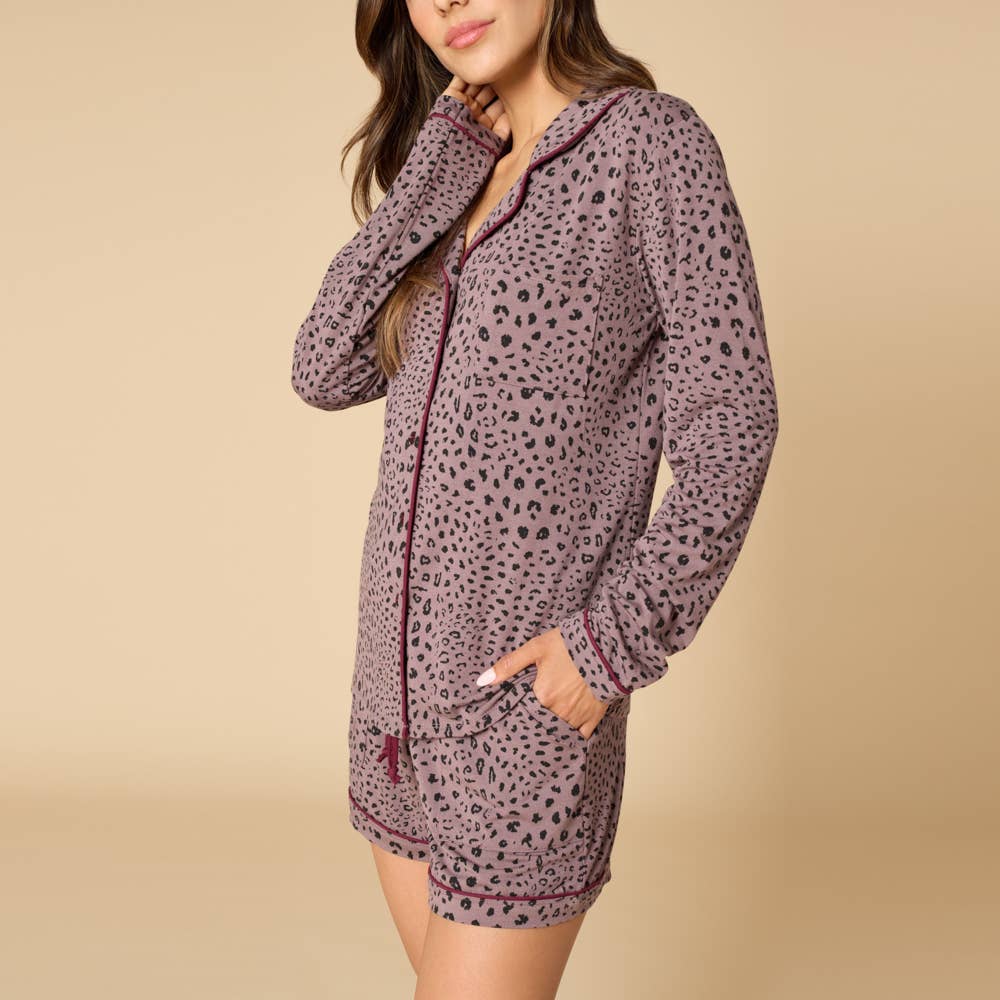 Sleep Soft Animal Print Slim Notch Long Sleeve Short Set
