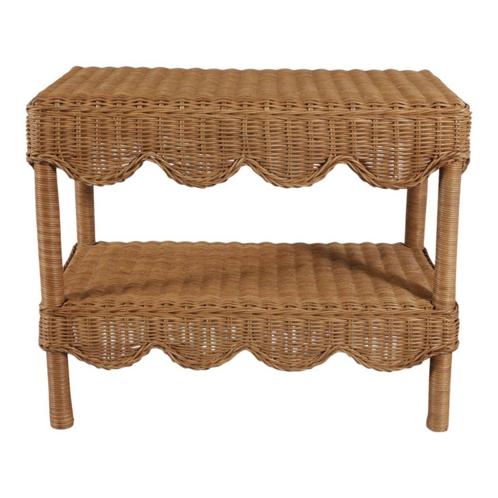 Side Table - Tan/Brown Wicker with Scalloped Edges, 19 in.