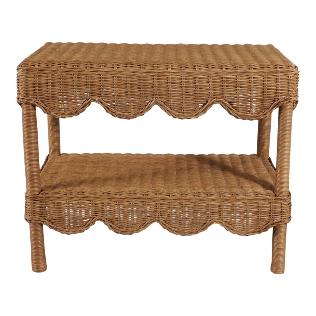 Side Table - Tan/Brown Wicker with Scalloped Edges, 19 in.