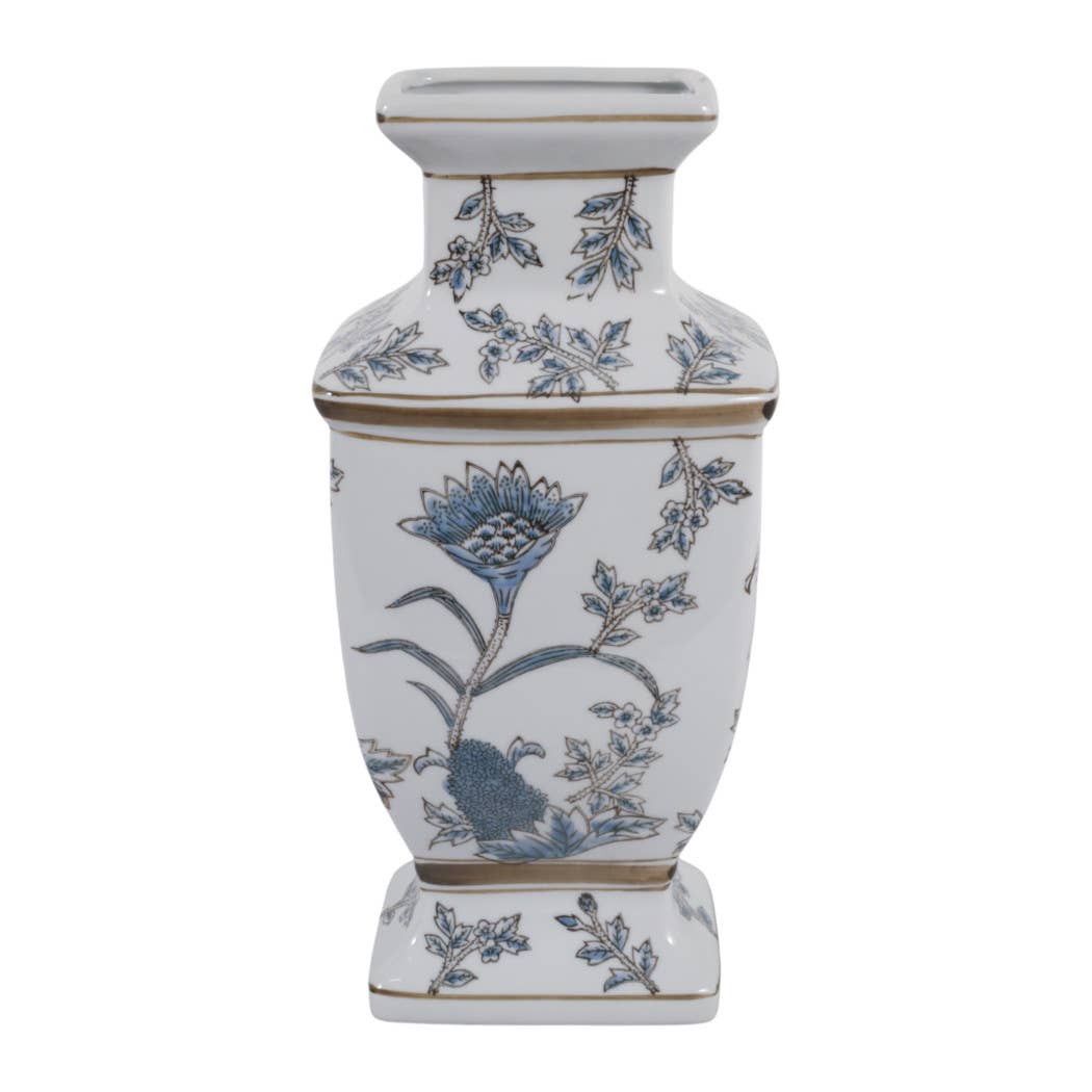 Blue and Brown Floral Chinoiserie Ceramic Vase, 15 in.