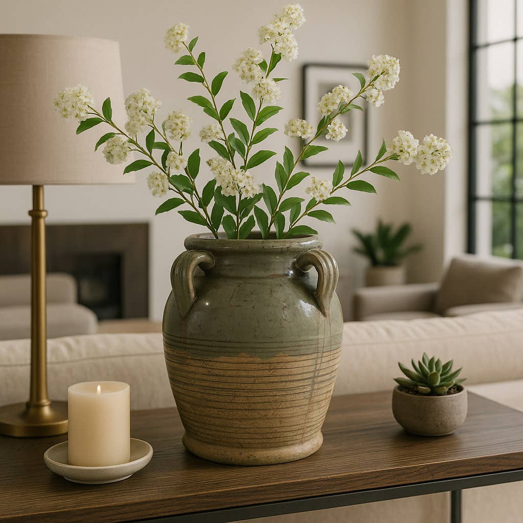 Decorative Vase - Green Ceramic Amphora with Handles, 9 in.