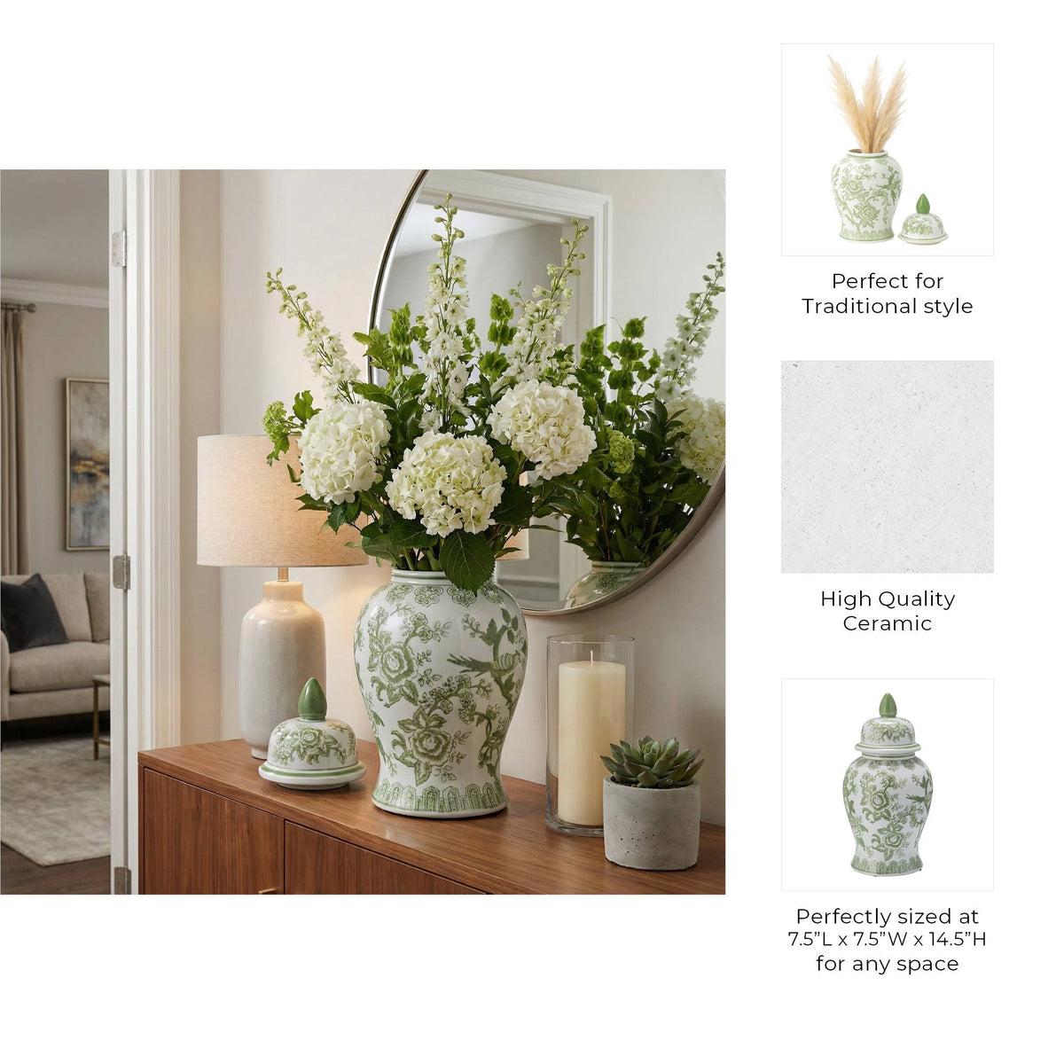 Green and White Round Floral Chinoiserie Jar, 14 in.