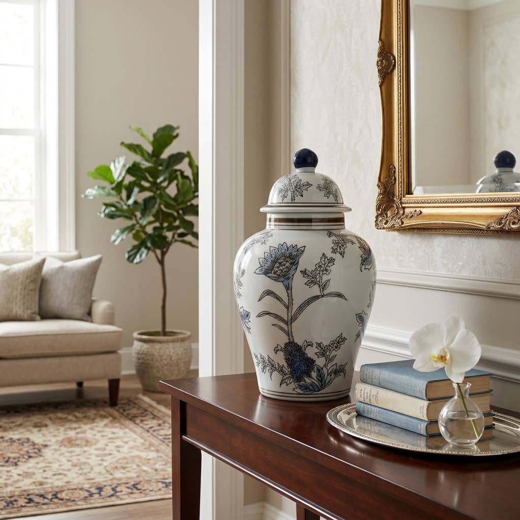 Decorative Jar - Blue/Brown Ceramic Floral Chinoiserie, 12 in.