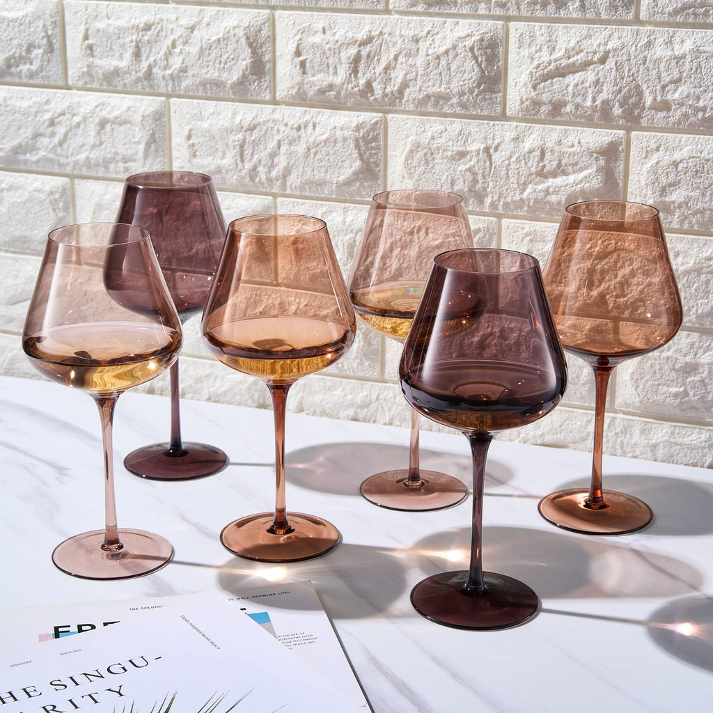 Venus Colored Wine Glass Set, 20oz Glasses Set of 6 (Brown)