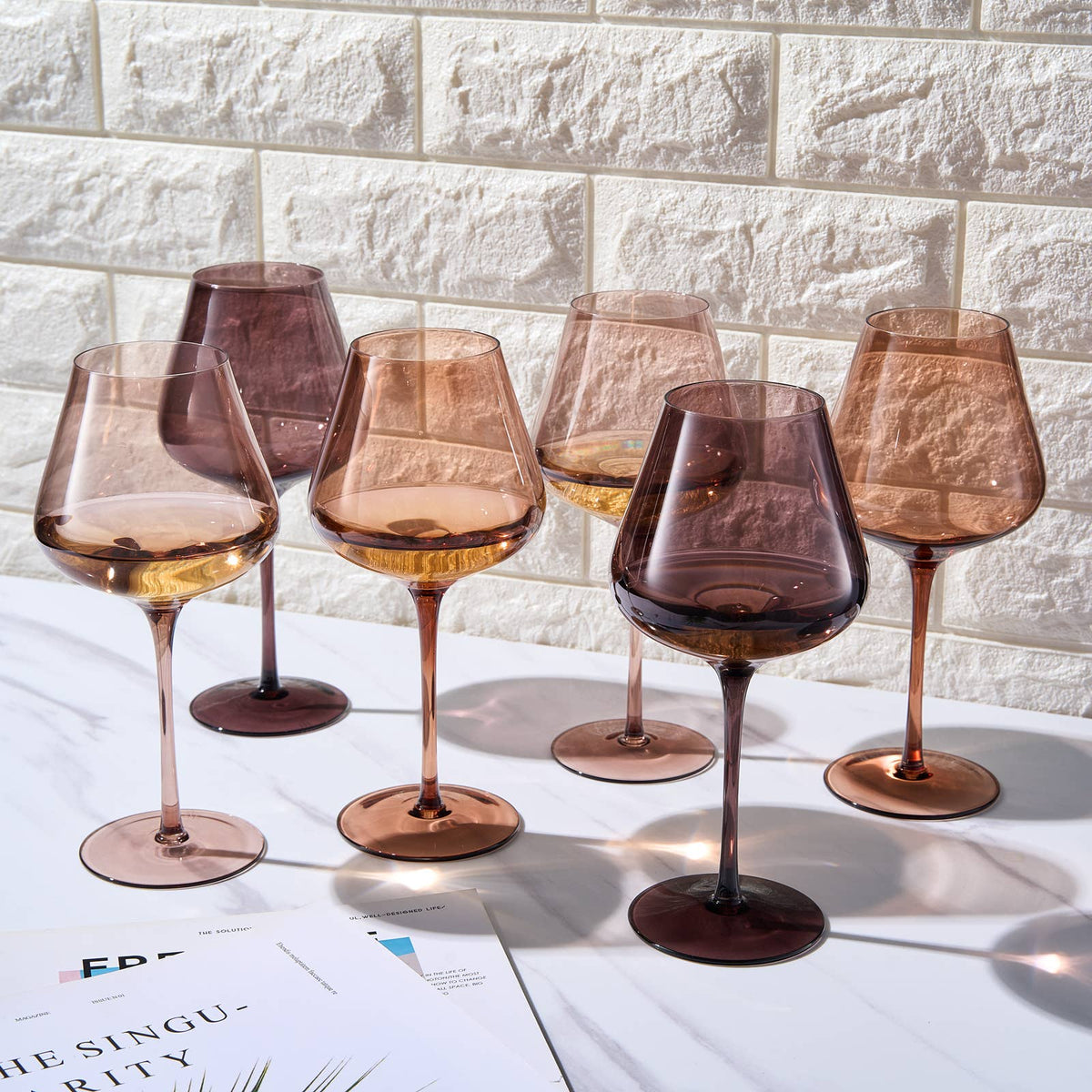 Venus Colored Wine Glass Set, 20oz Glasses Set of 6 (Brown)