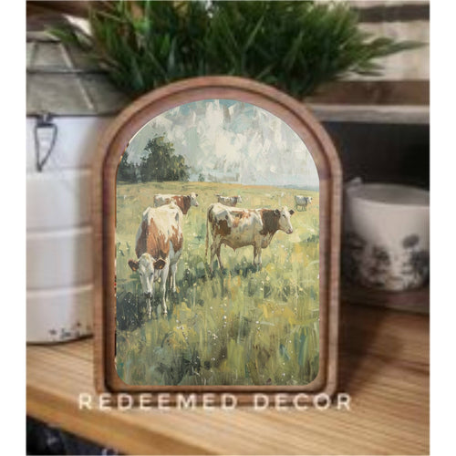 Redeemed Decor Arch Top Spring Cows Framed Art