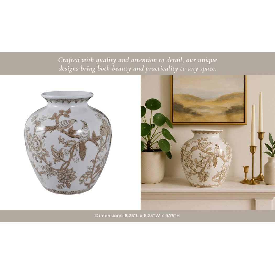 Decorative Vase - Brown/White Ceramic Bird and Vines, 10 in.