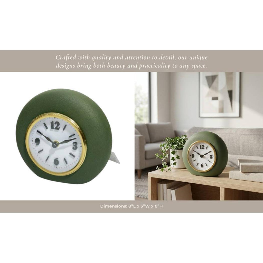 Table Clock - Green Metal and Glass Round Design, 7 in.