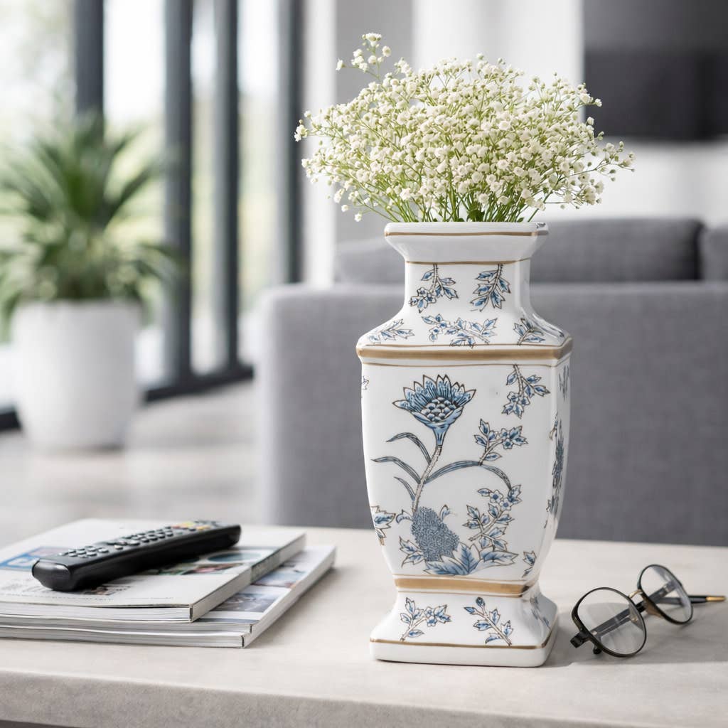 Blue and Brown Floral Chinoiserie Ceramic Vase, 15 in.