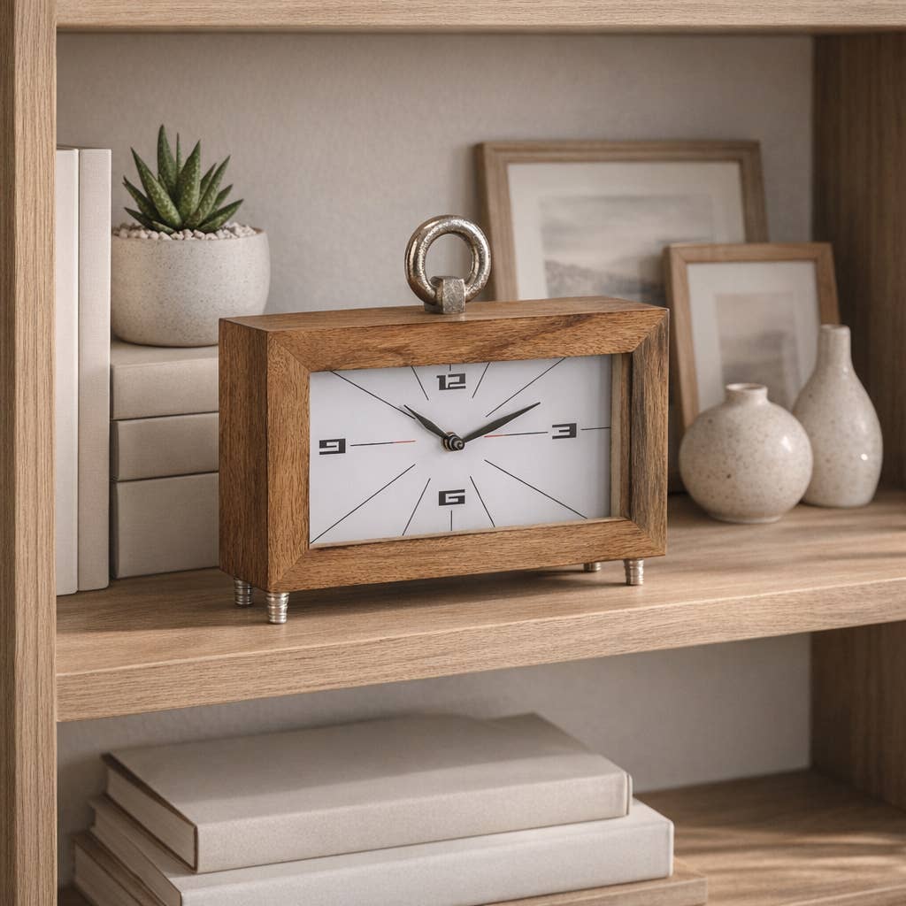 Table Clock - Brown Wood Rectangular with Ring, 10 in.