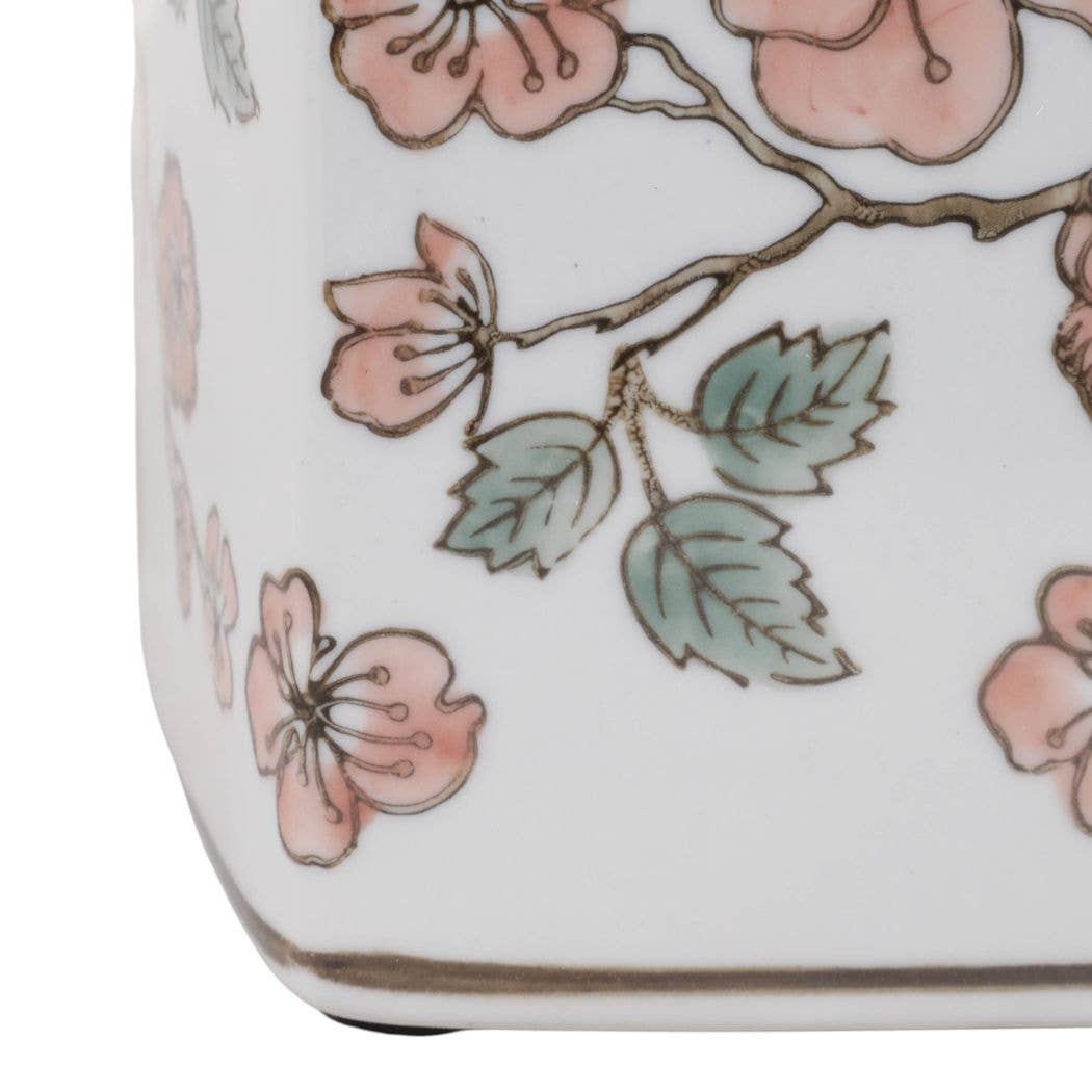 White and Pink Cherry Blossom Ceramic Jar, 9 in.