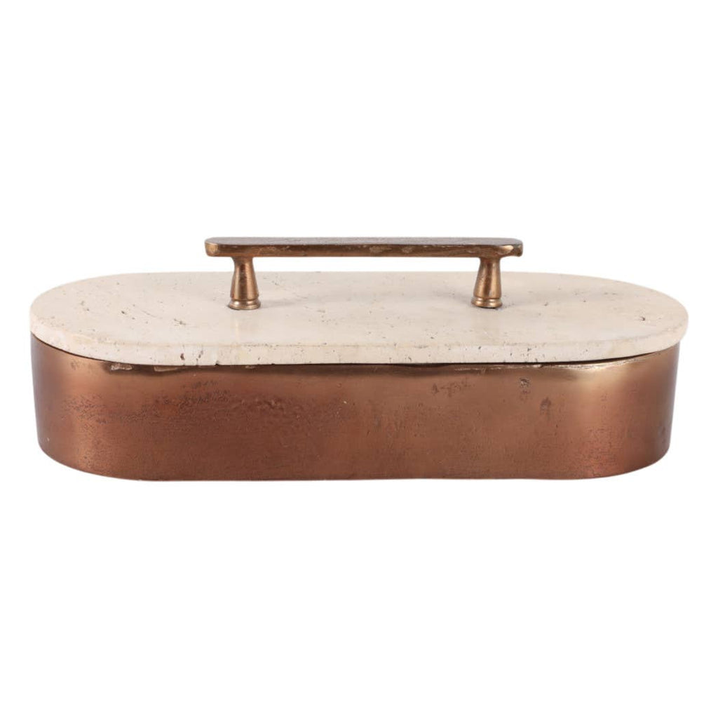 Decorative Box - Tan/Bronze Travertine Oval with Lid, 12 in.