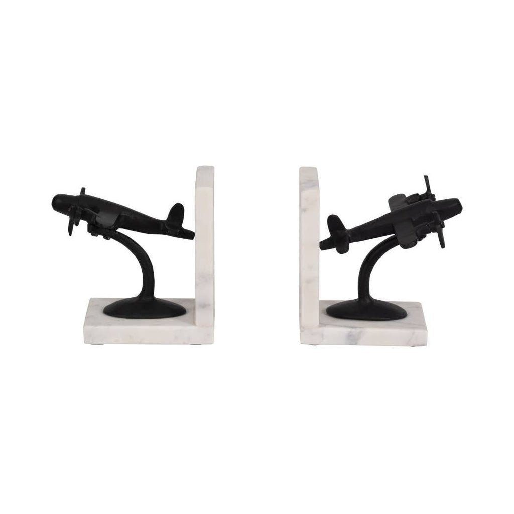 Bookends Set of 2 - Black/White Airplane on Marble, 6 in.