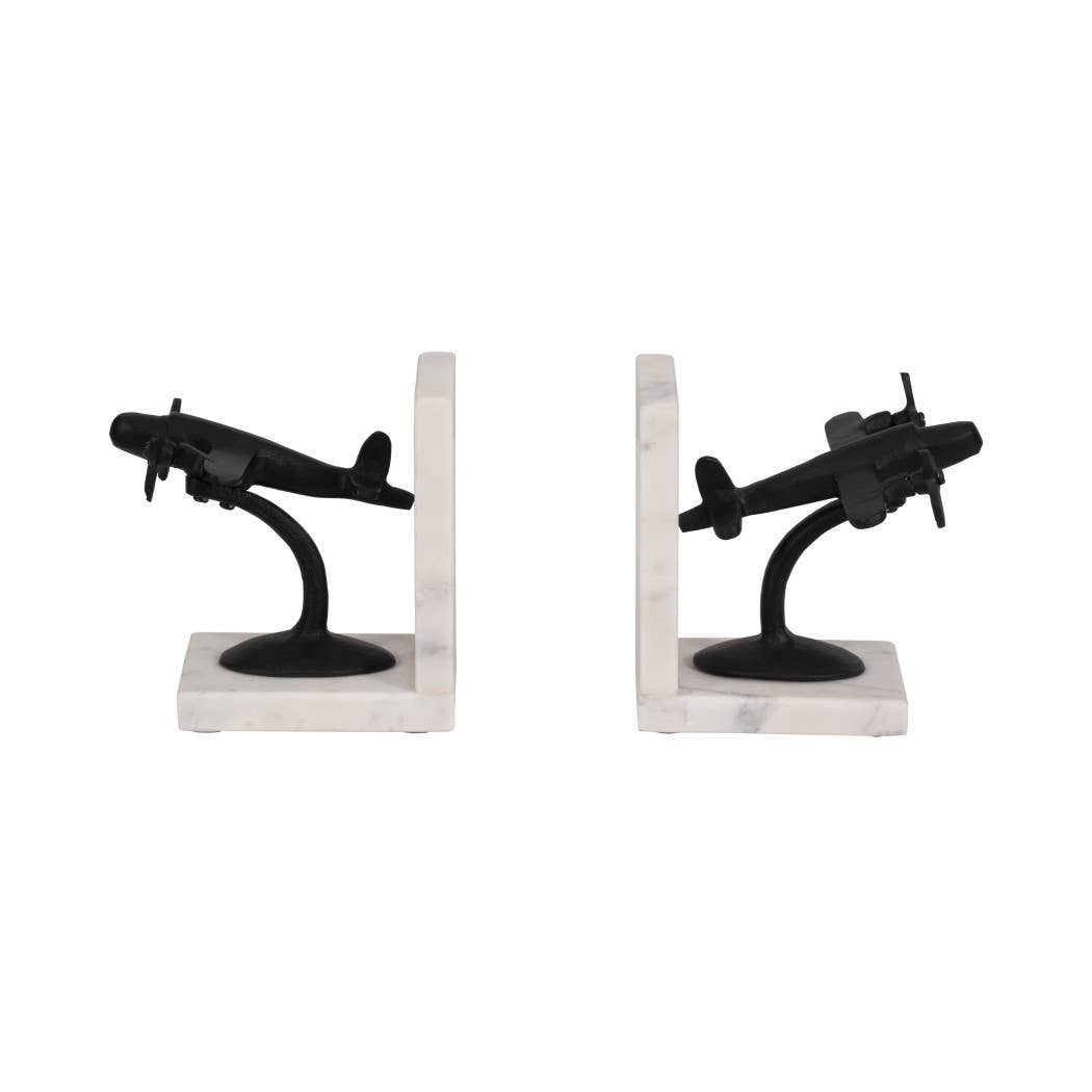Bookends Set of 2 - Black/White Airplane on Marble, 6 in.