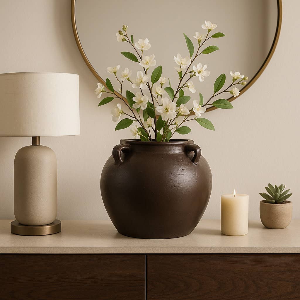 Decorative Vase - Brown Pottery Textured 4-Handle, 14 in.