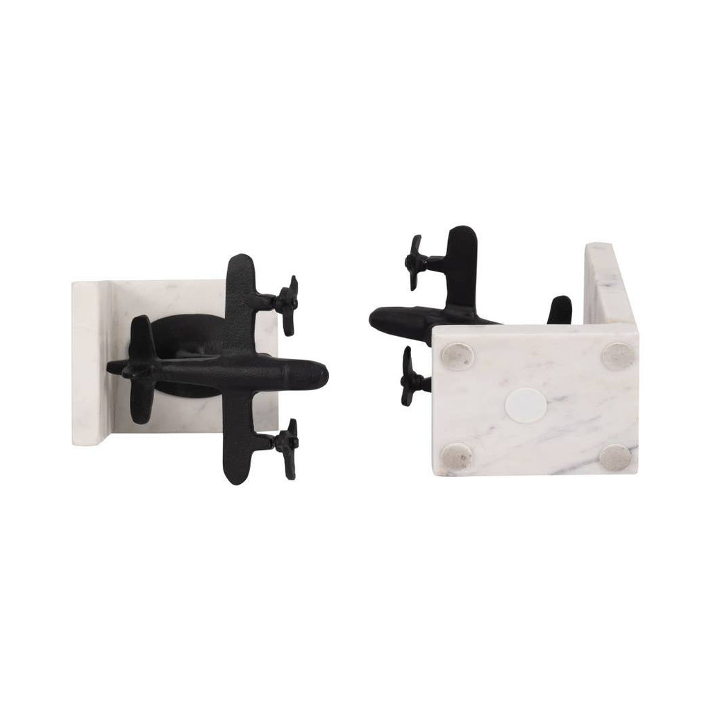 Bookends Set of 2 - Black/White Airplane on Marble, 6 in.
