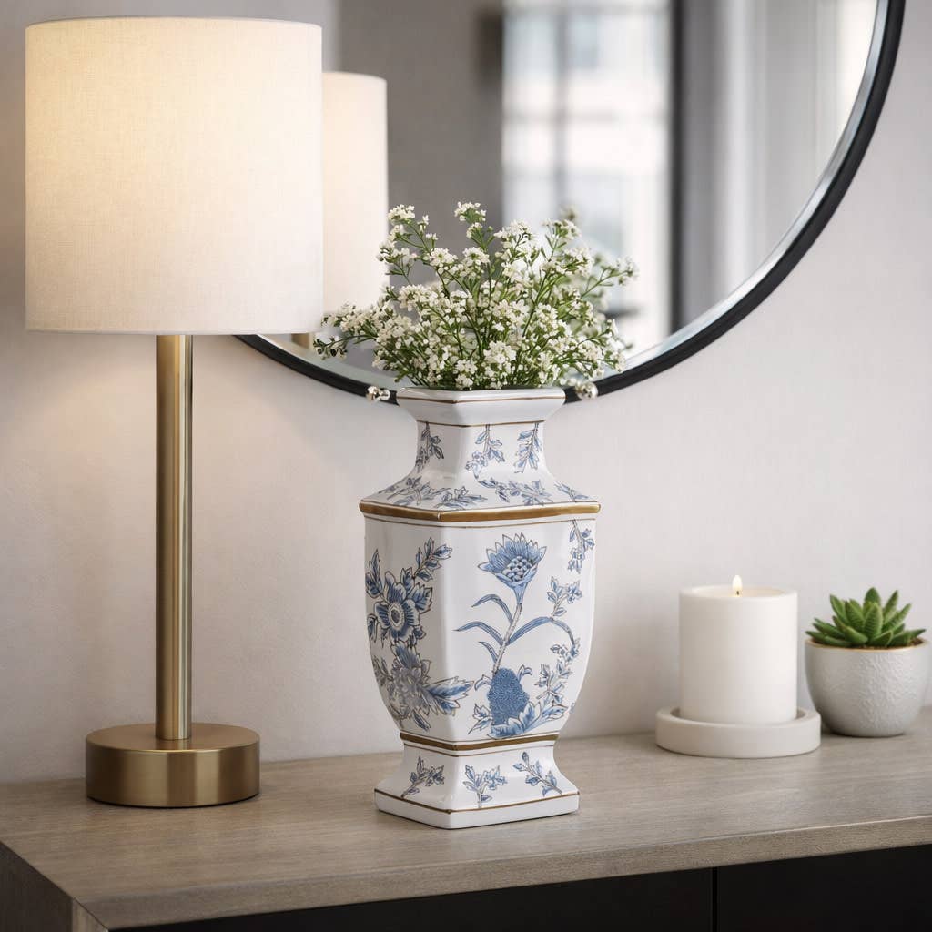 Blue and Brown Floral Chinoiserie Ceramic Vase, 15 in.