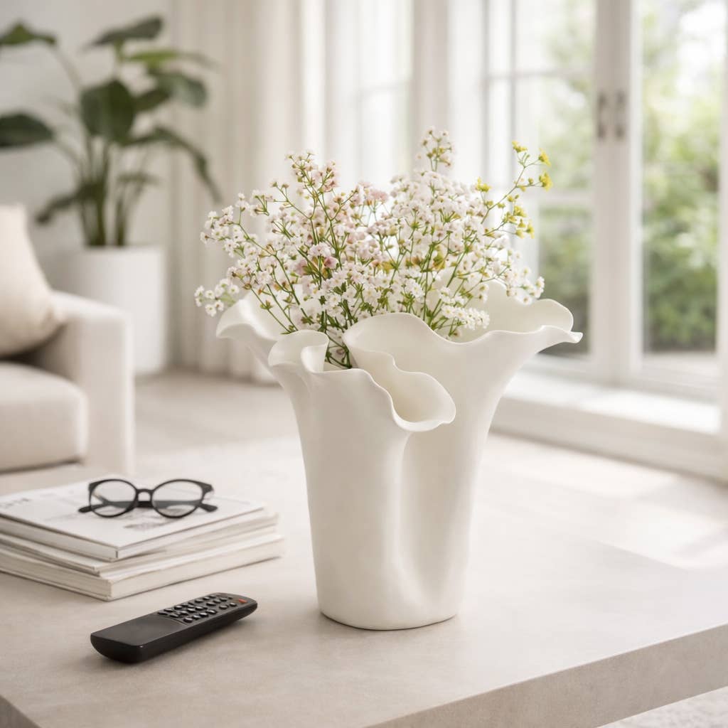 White Ruffled Ceramic Vase, 11 in.