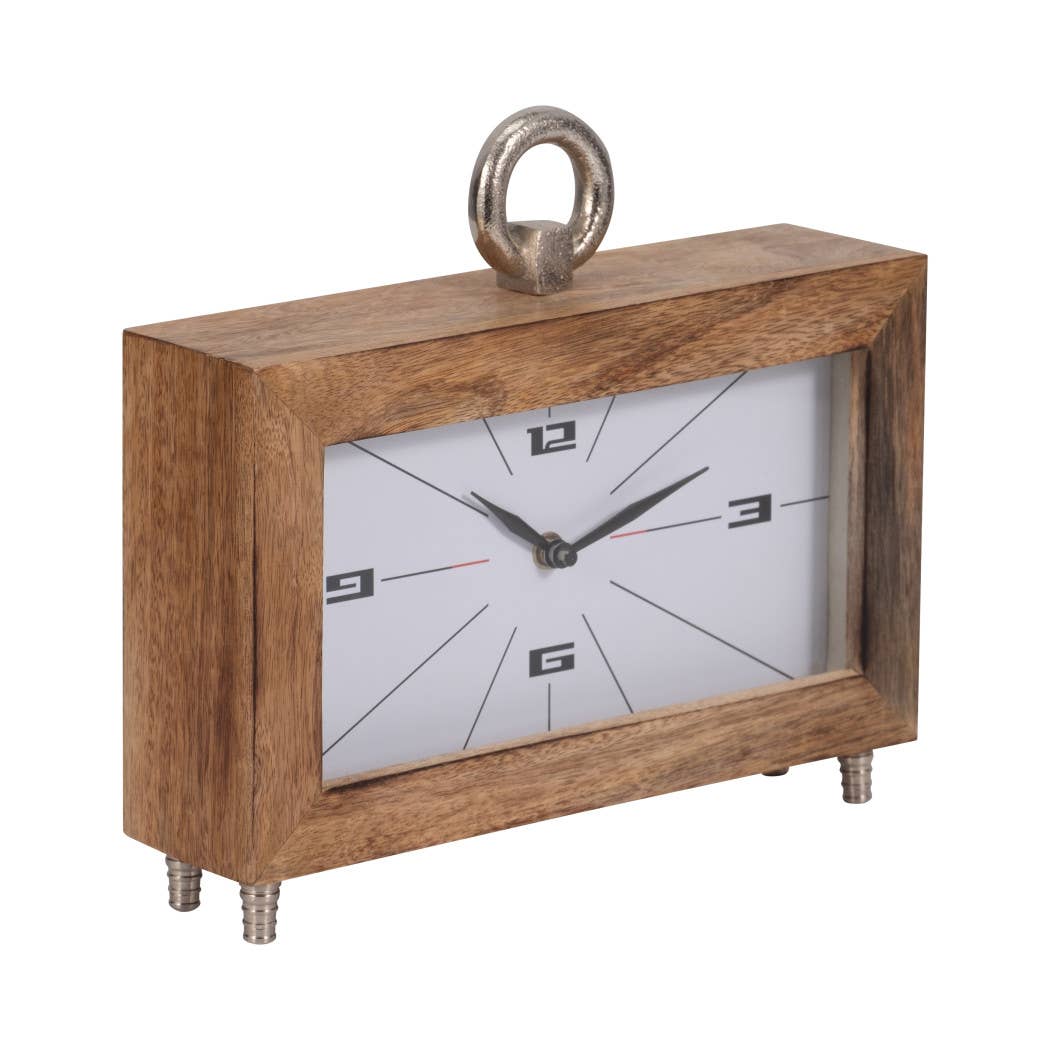Table Clock - Brown Wood Rectangular with Ring, 10 in.