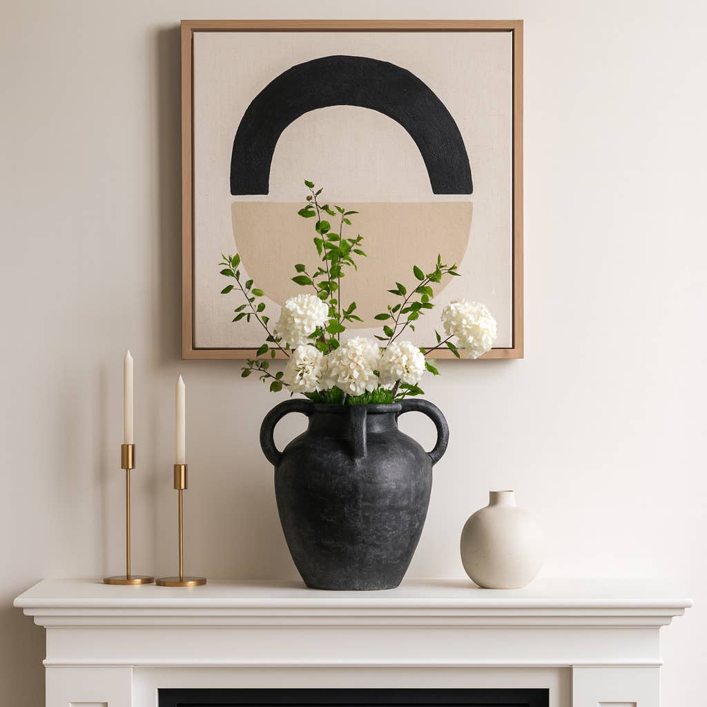 Decorative Vase - Black Pottery Amphora Multi-Handle Jug, 12 in.