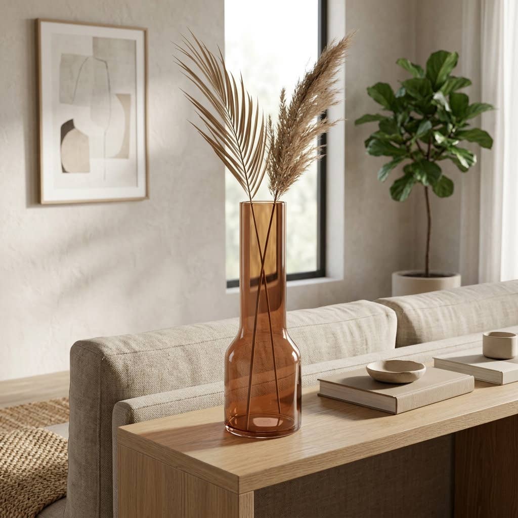 Decorative Vase - Brown Glass Long Neck Sculptural, 16 in.