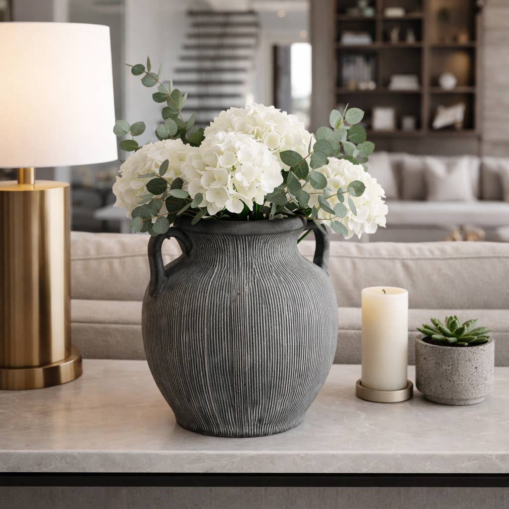 Black Ribbed Stoneware Vase with Handle, 10 in.