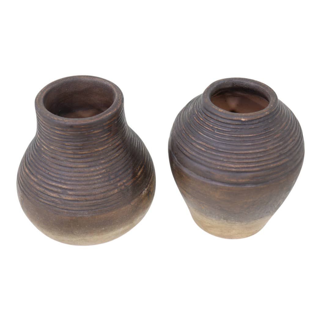 Decorative Vase Set of 2 - Brown Terracotta Grooved Lines, 6 in.