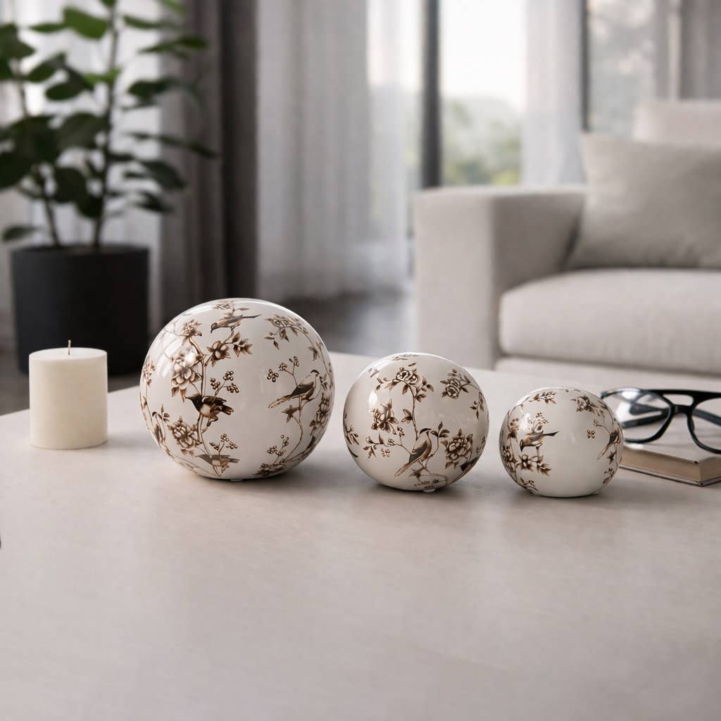 Objects Set of 3 - Brown/White Ceramic Birds Orbs, 4/5/6 in.
