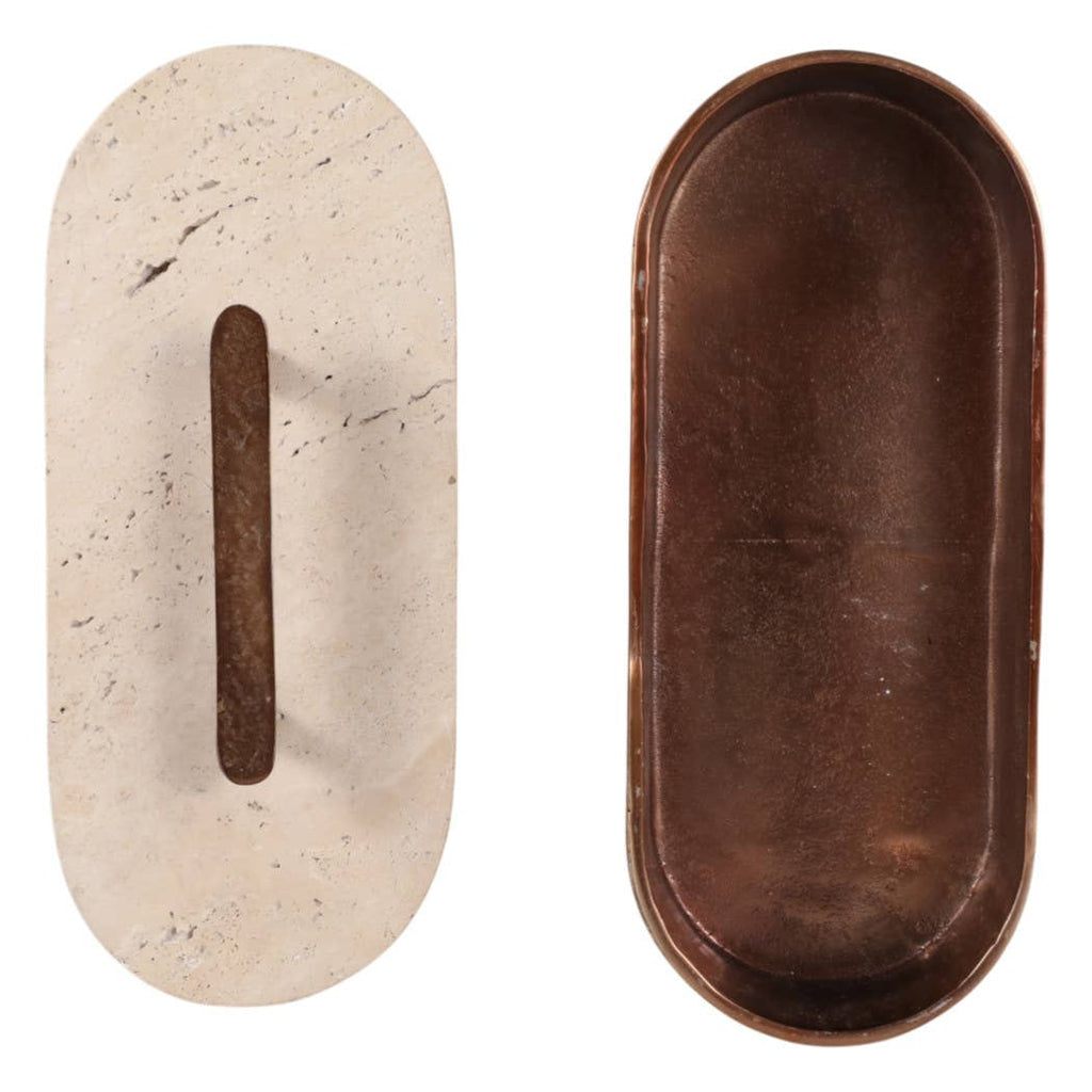 Decorative Box - Tan/Bronze Travertine Oval with Lid, 12 in.