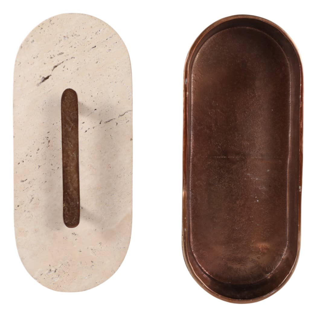 Decorative Box - Tan/Bronze Travertine Oval with Lid, 12 in.
