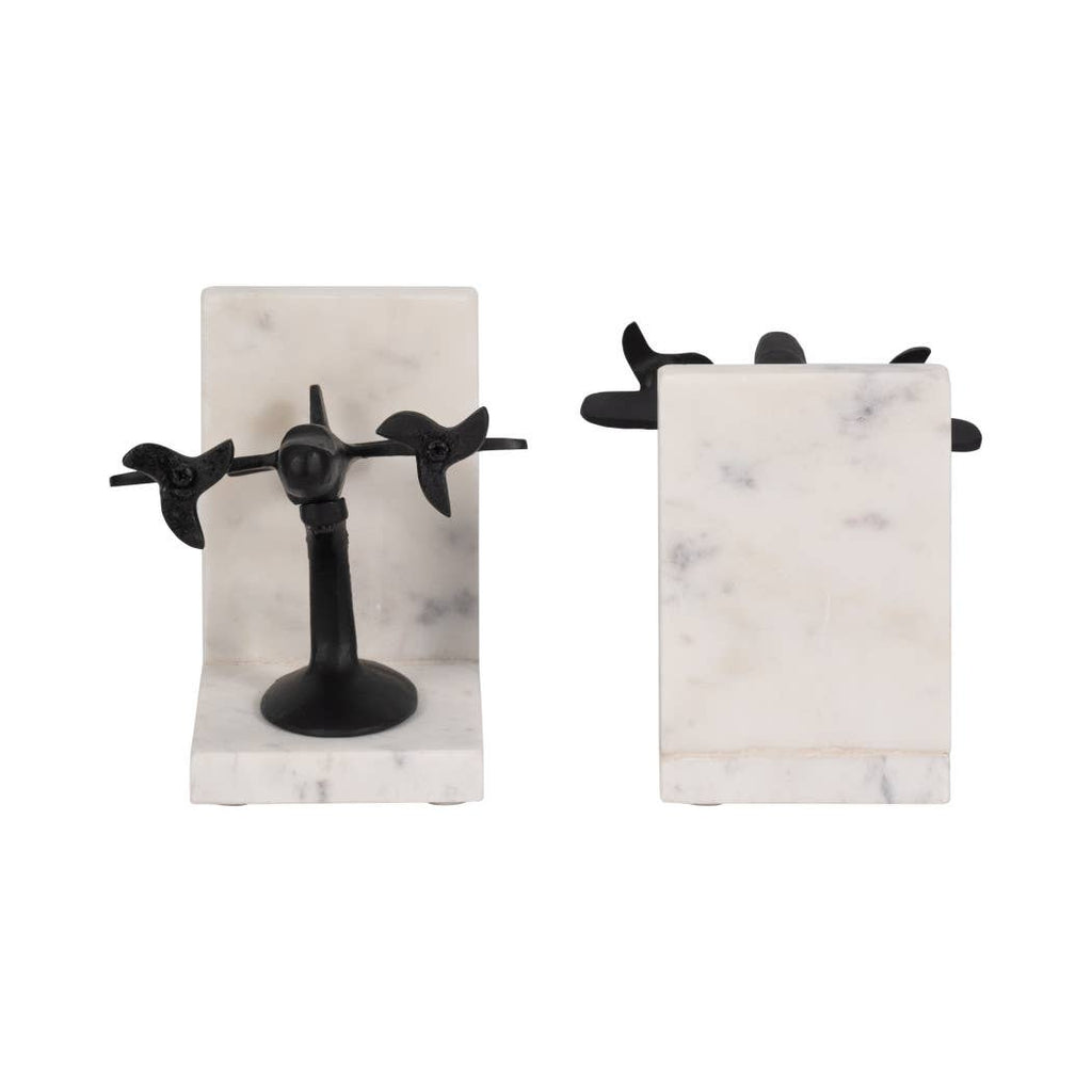 Bookends Set of 2 - Black/White Airplane on Marble, 6 in.
