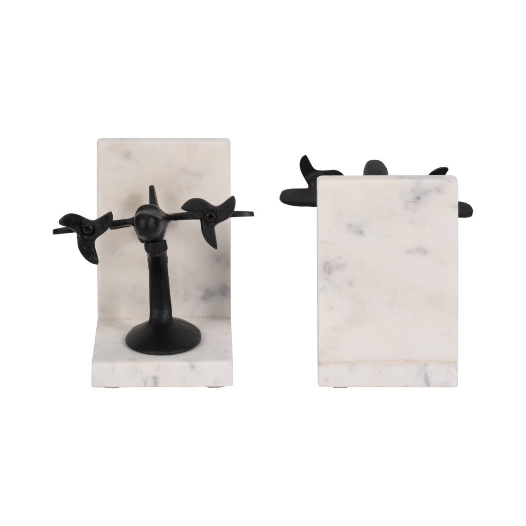 Bookends Set of 2 - Black/White Airplane on Marble, 6 in.