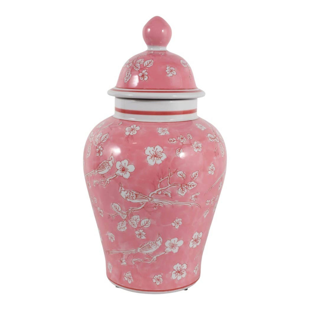 Decorative Jar - Pink/White Ceramic Floral Chinoiserie, 18 in.