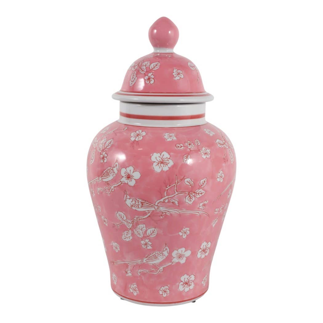 Decorative Jar - Pink/White Ceramic Floral Chinoiserie, 18 in.