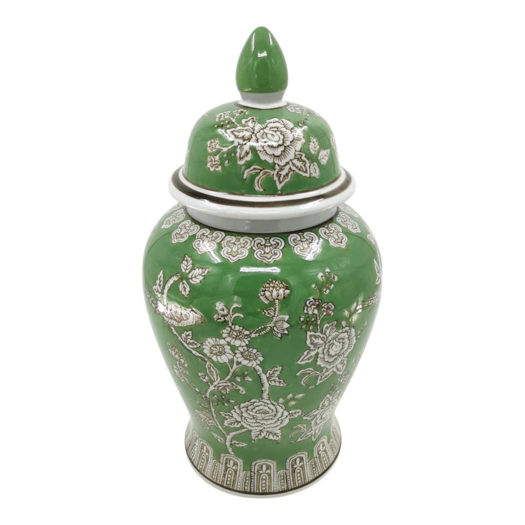 Green and Brown Bird and Flower Ceramic Jar, 18 in.