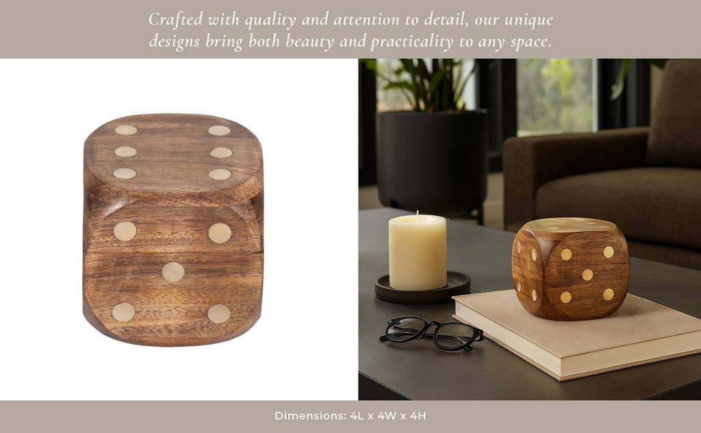Box Game Set - Brown Mango Wood Dice-Shaped Storage, 4 in.