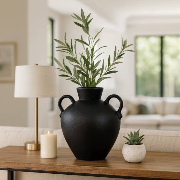 Ceramic Amphora Vase with Two Handles - Black, 17 in.
