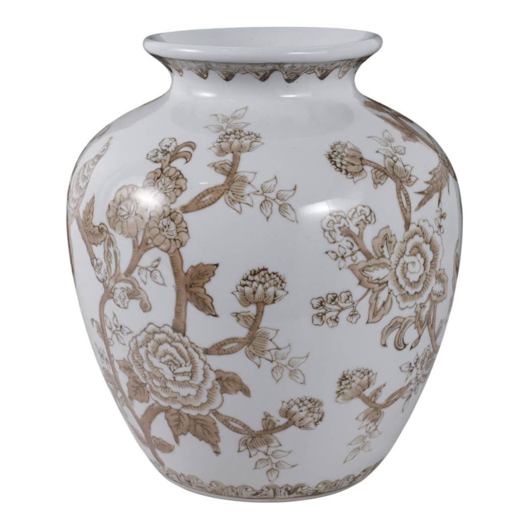 Decorative Vase - Brown/White Ceramic Bird and Vines, 10 in.