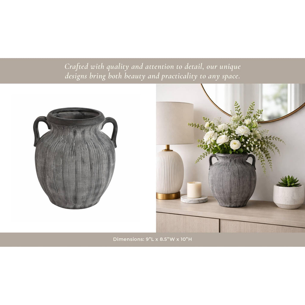 Black Ribbed Stoneware Vase with Handle, 10 in.