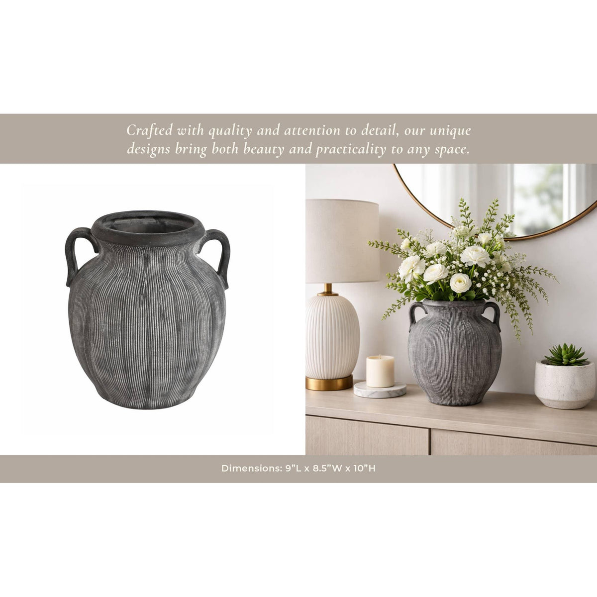 Black Ribbed Stoneware Vase with Handle, 10 in.