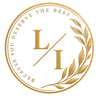 A circular gold monogram emblem with the letters L and I separated by a diagonal line, surrounded by a laurel wreath and the text 'BECAUSE YOU DESERVE THE BEST' on a transparent checkered background.