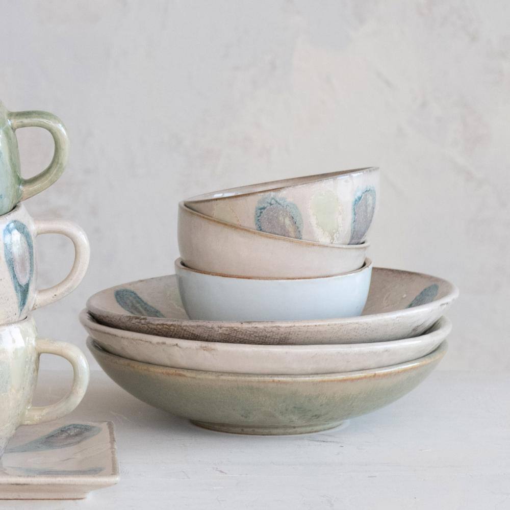 Hand-Painted Stoneware Low Bowl, 3 Styles