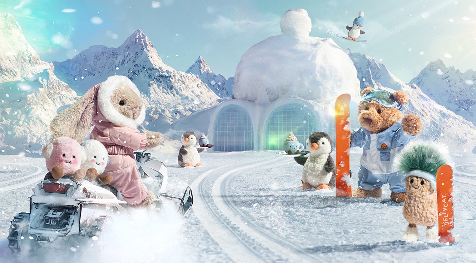 Animated scene with Jellycats in a snowy landscape with mountains.