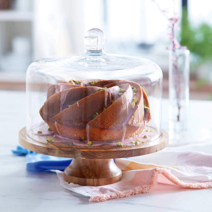 Acaciawood Footed Round Wood Server Cake Stand with Glass Dome