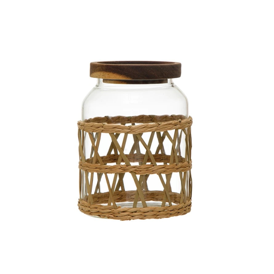 Glass Canisters w/ Acacia Wood Lid & Woven Sleeve