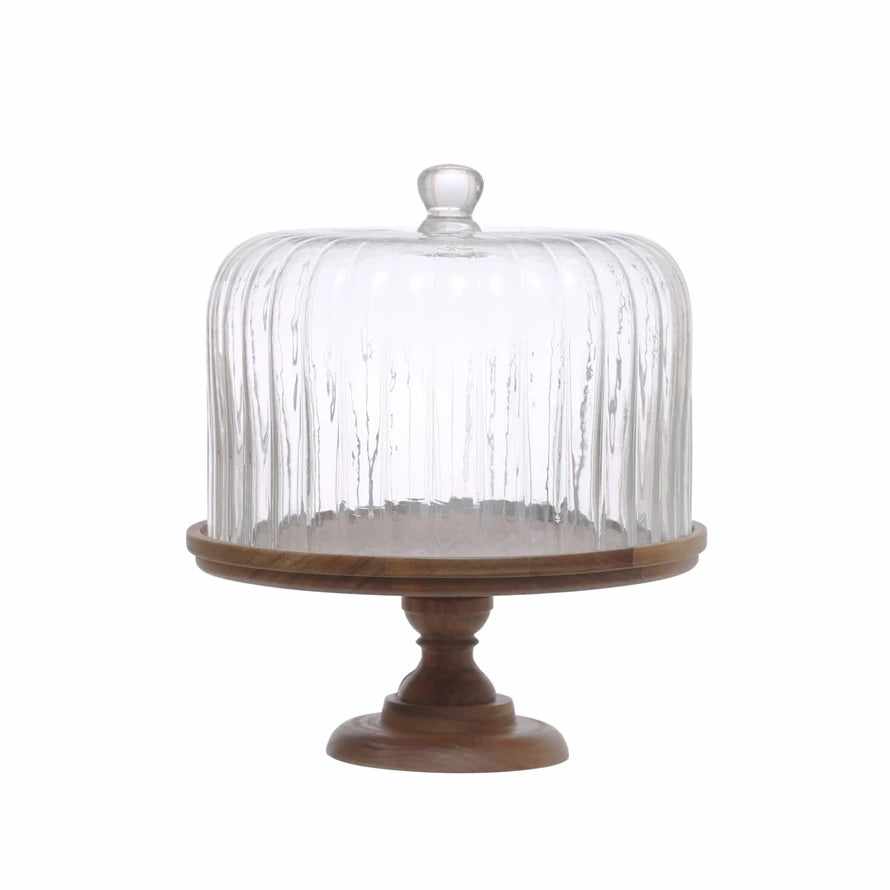 Acacia Wood Pedestal Cake Stand w/ Fluted Glass Cloche | Bridal Shower Kennedy Bush & Jake  Liker