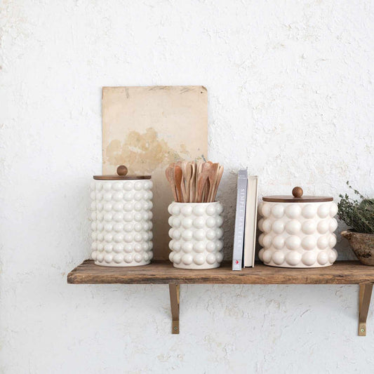 Stoneware Canister w/ Raised Dots & Acacia Wood Lid & Natural | Bridal Shower Roxie Taylor & Kutter Milford